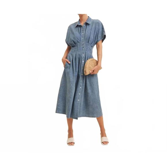 IN FEBRUARY Dresses & Skirts - NEW IN FEBRUARY button down pleated midi dress in mineral washed denim